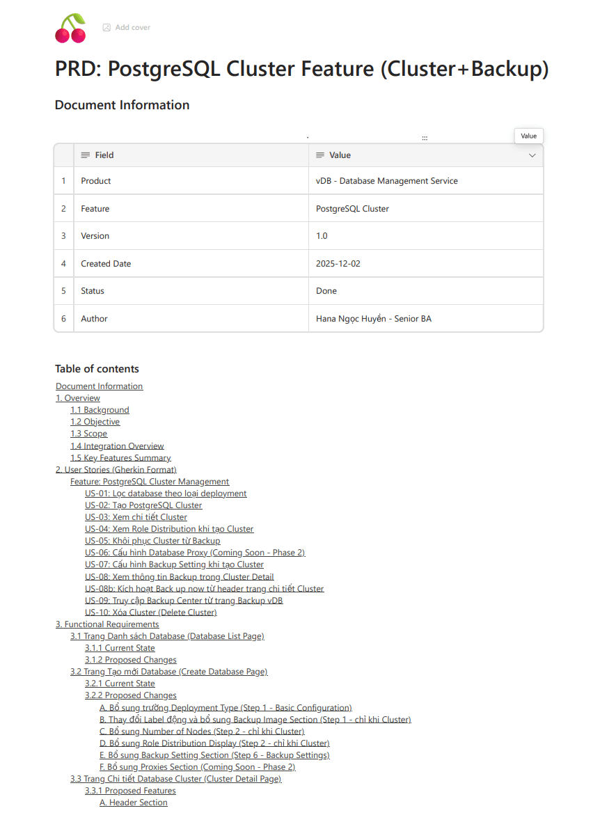 PRD PostgreSQL Cluster – Document Information và Table of Contents