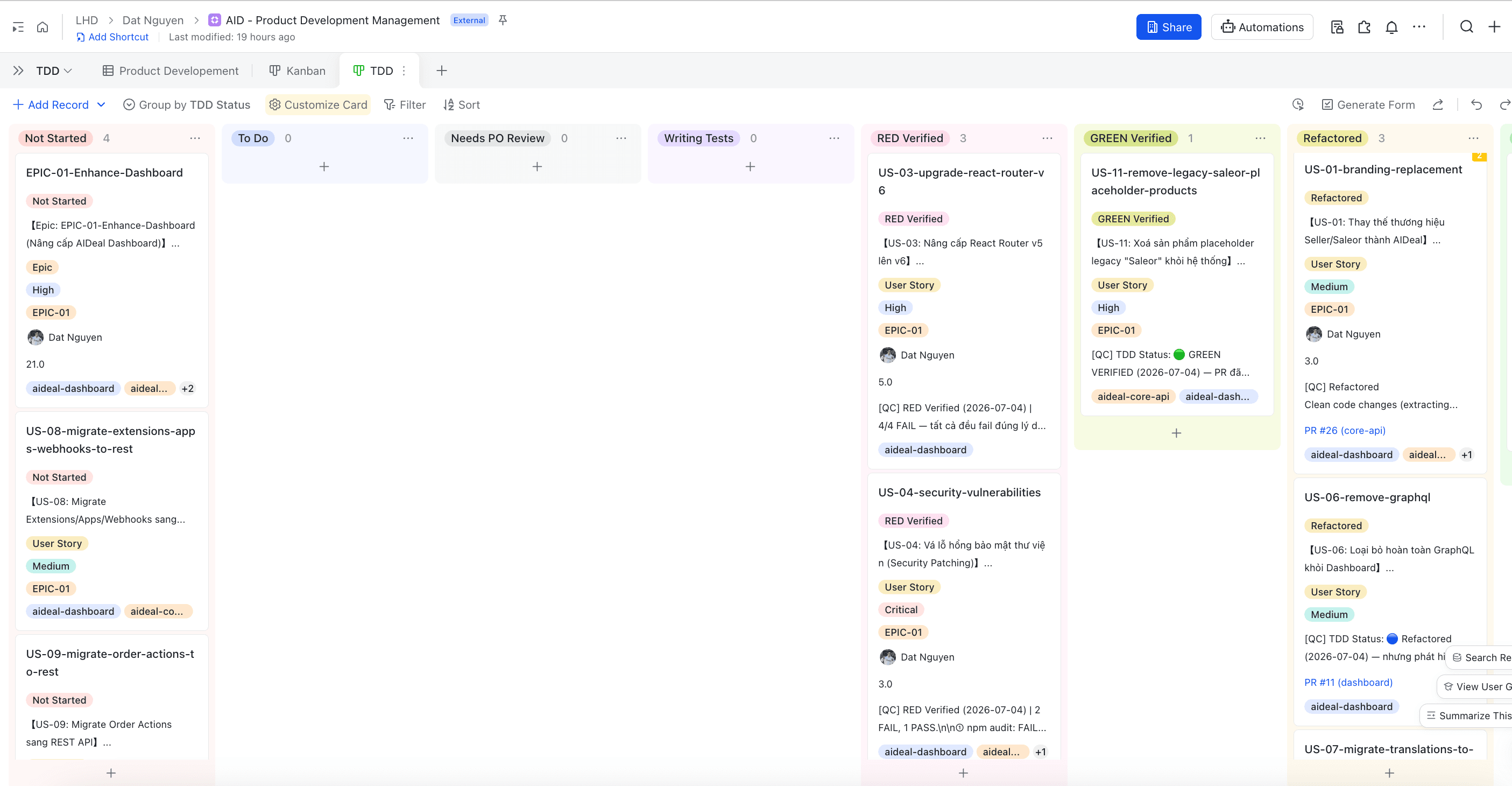 Board Lark quản lý task theo mô hình TDD - luồng PO/BA, Test, Dev, Test tại AIDeal.vn